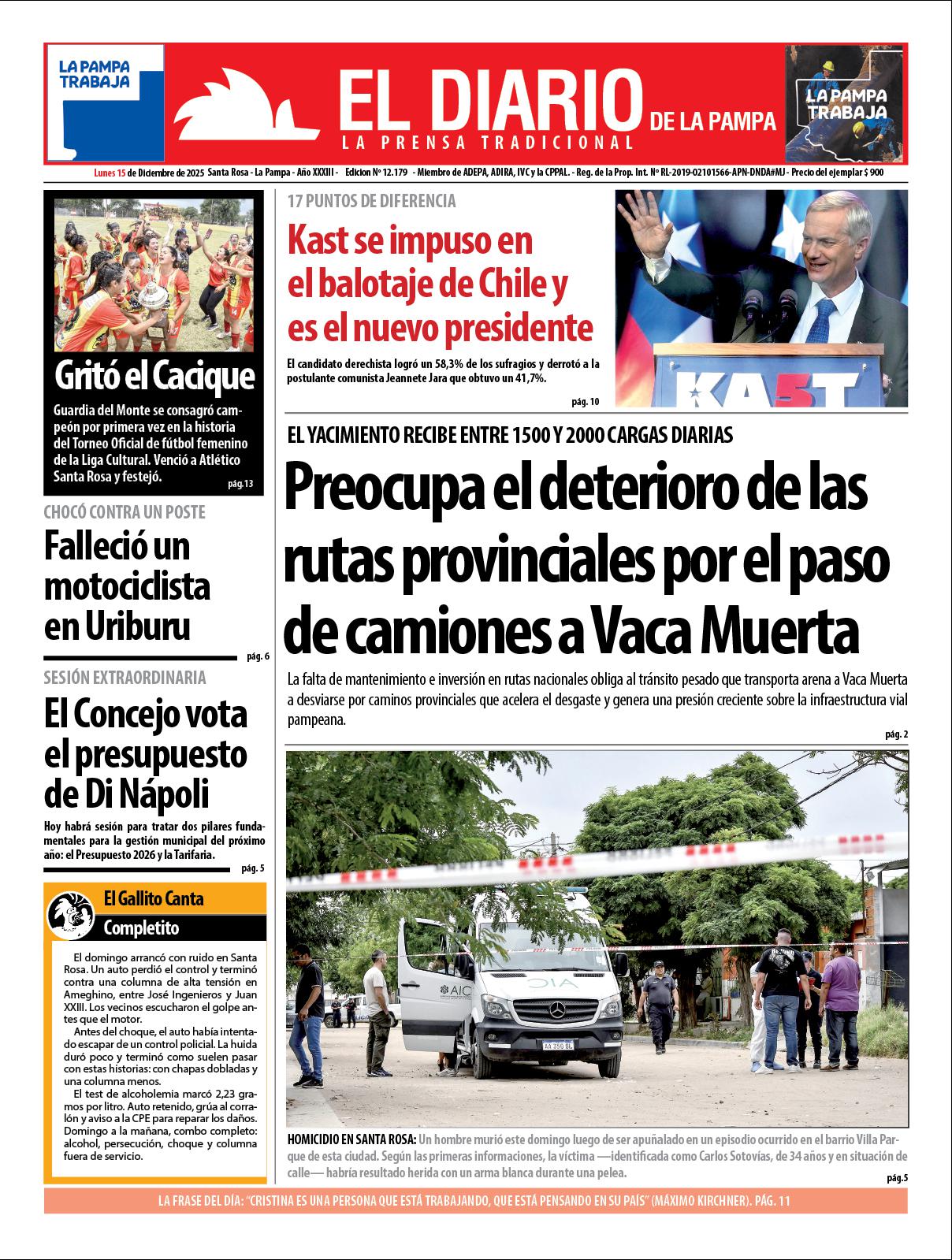 Tapa de El Diario en papel  lunes 15 de diciembre de 2025